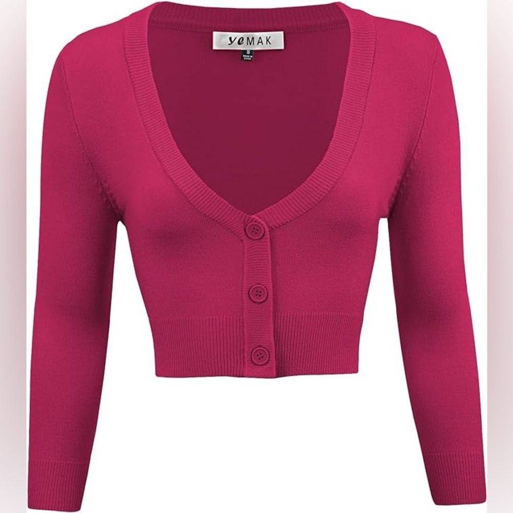 YEMAK Cropped V-Neck Cardigan in Magenta NWT 1X